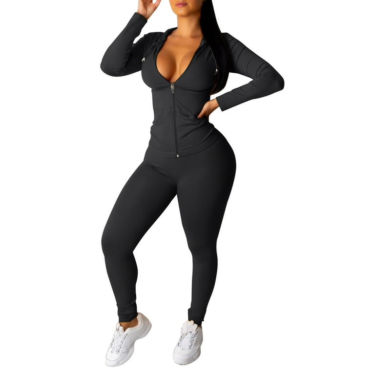 Noarlalf Workout Sets for Women Ladies Zip Hooded Two Piece Activewear Long  Sleeve Top and Pants Set Black L