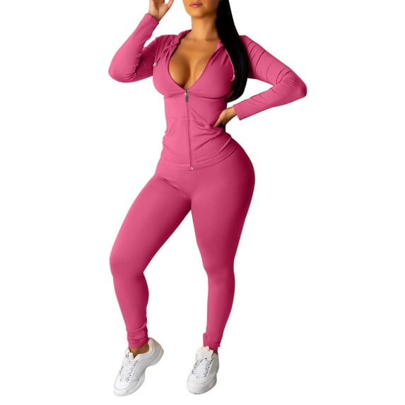 Noarlalf Workout Sets for Women Ladies Zip Hooded Two Piece Activewear Long Sleeve Top and Pants Set Hot Pink L