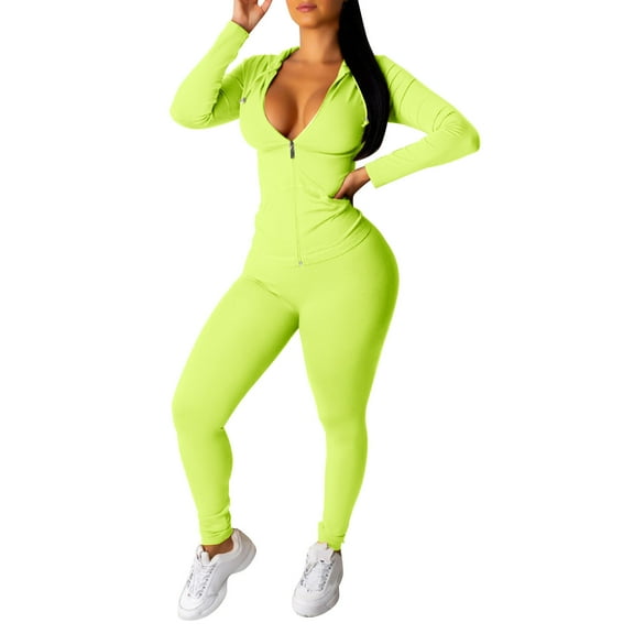 Noarlalf Workout Sets for Women Ladies Zip Hooded Two Piece Activewear Long Sleeve Top and Pants Set Tender green L