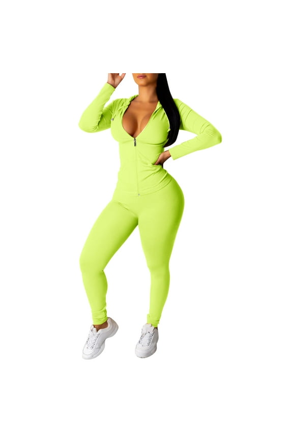 Workout Sets for Women Ladies Zip Hooded Two Piece Activewear Long Sleeve Top and Pants Set Tender green L