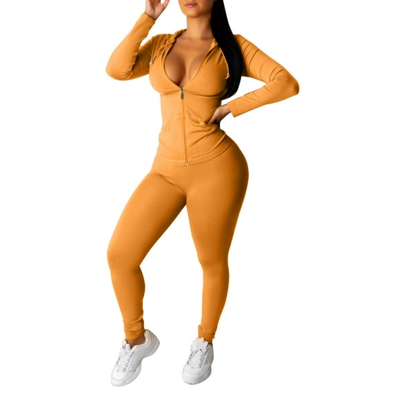 Noarlalf Workout Sets for Women Ladies Zip Hooded Two Piece Activewear Long Sleeve Top and Pants Set Yellow XL