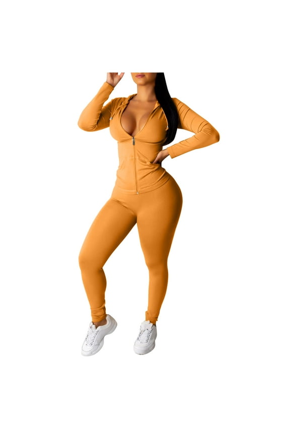 Workout Sets for Women Ladies Zip Hooded Two Piece Activewear Long Sleeve Top and Pants Set Yellow XL