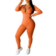 Noarlalf Workout Sets for Women Ladies Zip Hooded Two Piece Activewear Long Sleeve Top and Pants Set orange S