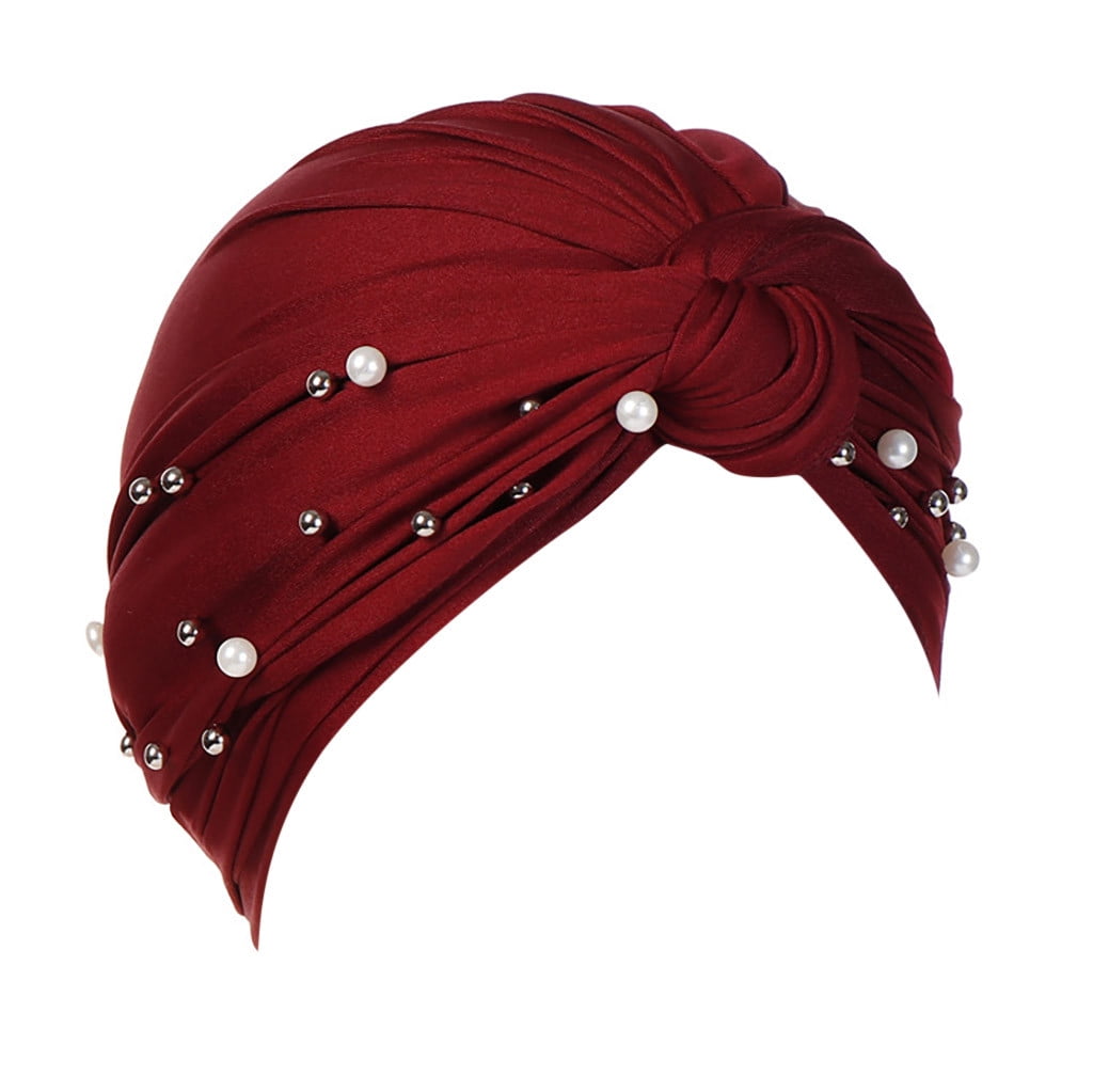 JDYaoYing Women's Velvet Turban Head Wrap With Pearl Accent - Floral Beanie Cap, Red, One Size (58cm)