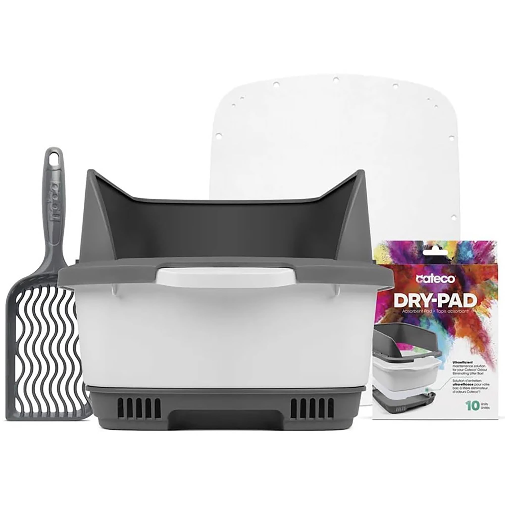 Cateco: Odor Eliminating Cat Litter Box Kit - Gray - Scooper & 10 Dry Pads, Pet Waste Maintenance Set, Advanced Aeration Prevents Bacterial Growth