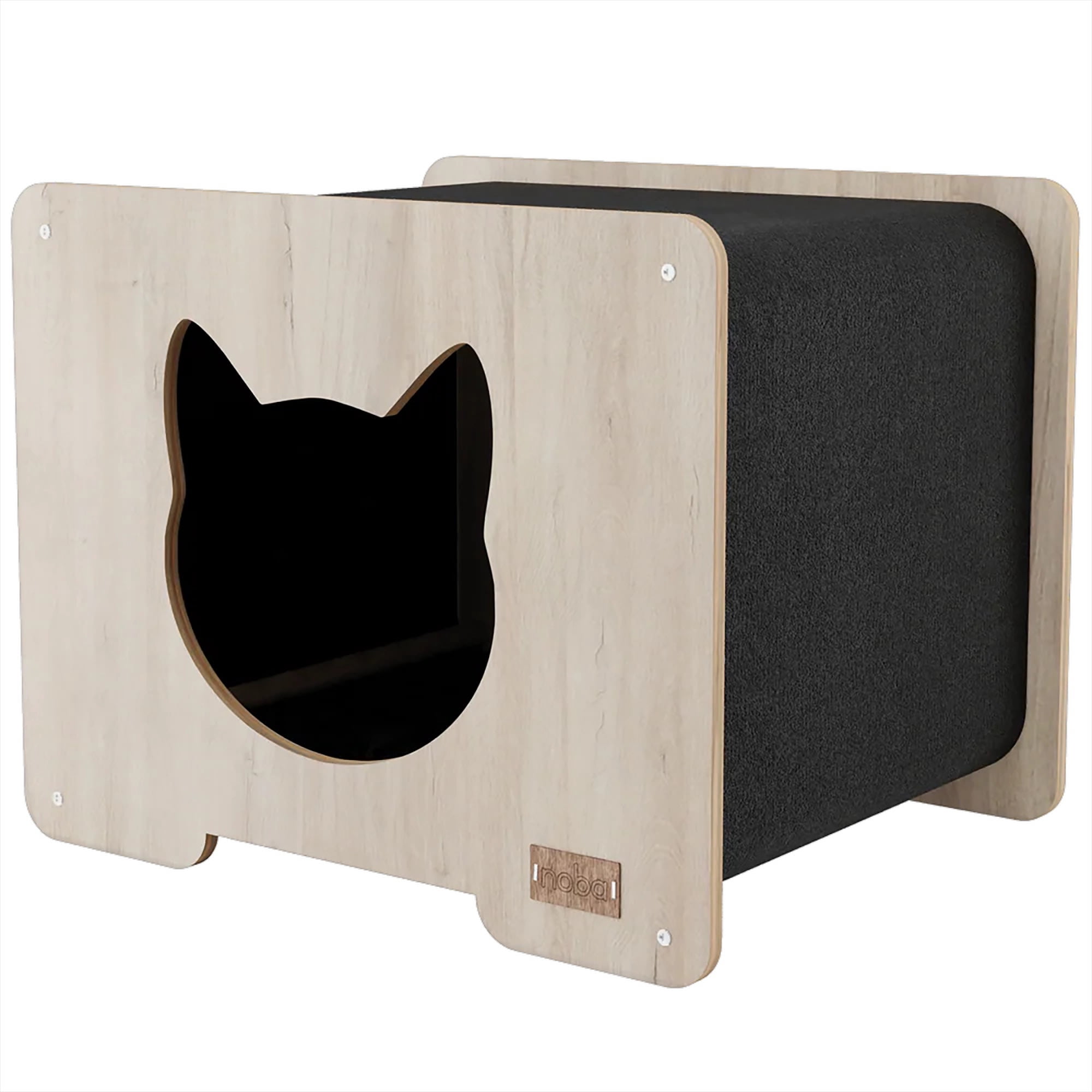 Noba: Origin Hut Hideout - Cat Head, Black - Pet-Kitten House, 20 x 16" Wooden Lounge, Scratchable Carpet Sides, Animal Refuge Area, Climb-Play-Sleep
