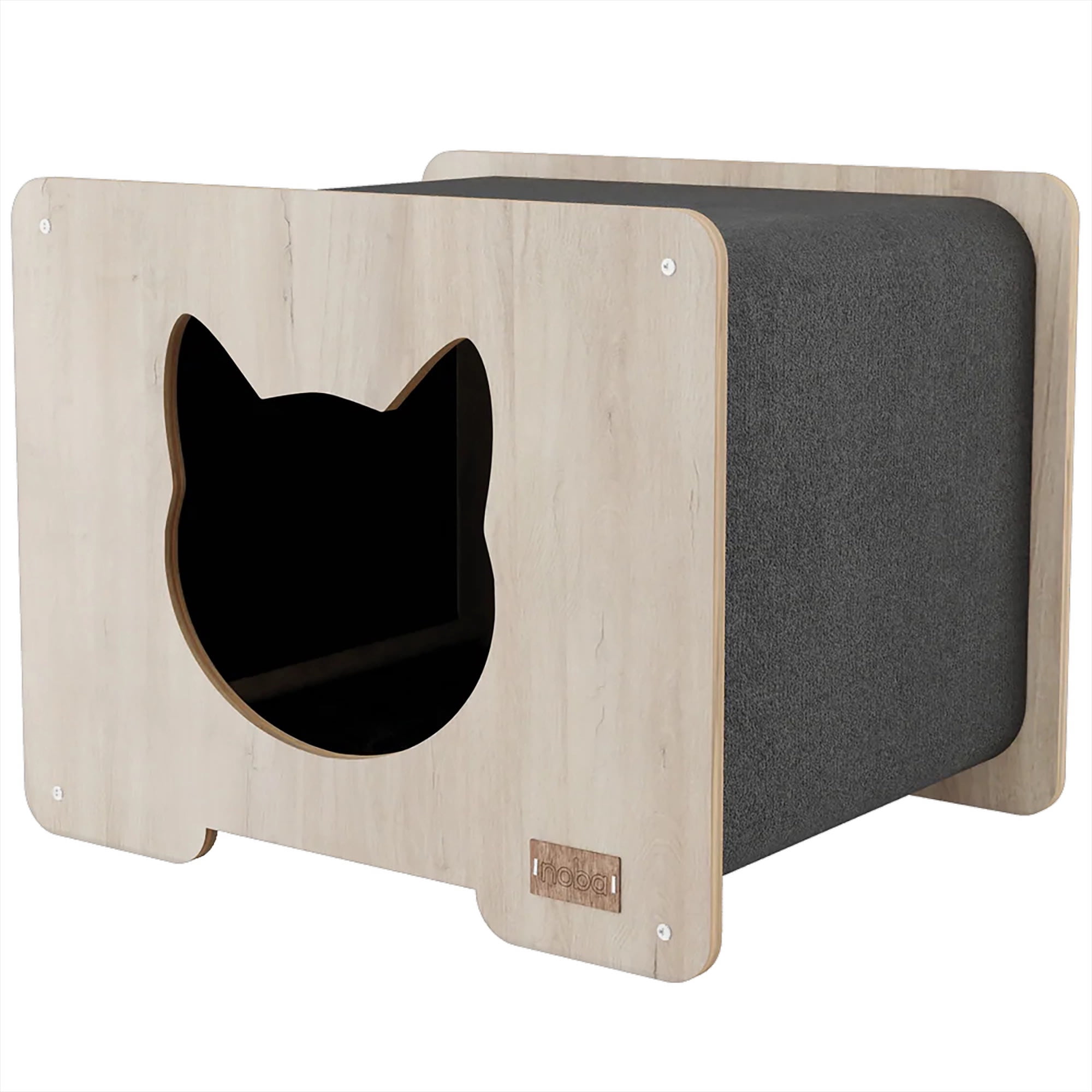 Noba: Origin Hut Hideout - Cat Head, Gray - Pet & Kitten House, 20 x 16" Wooden Lounge, Scratchable Carpet Sides, Animal Refuge Area, Climb-Play-Sleep