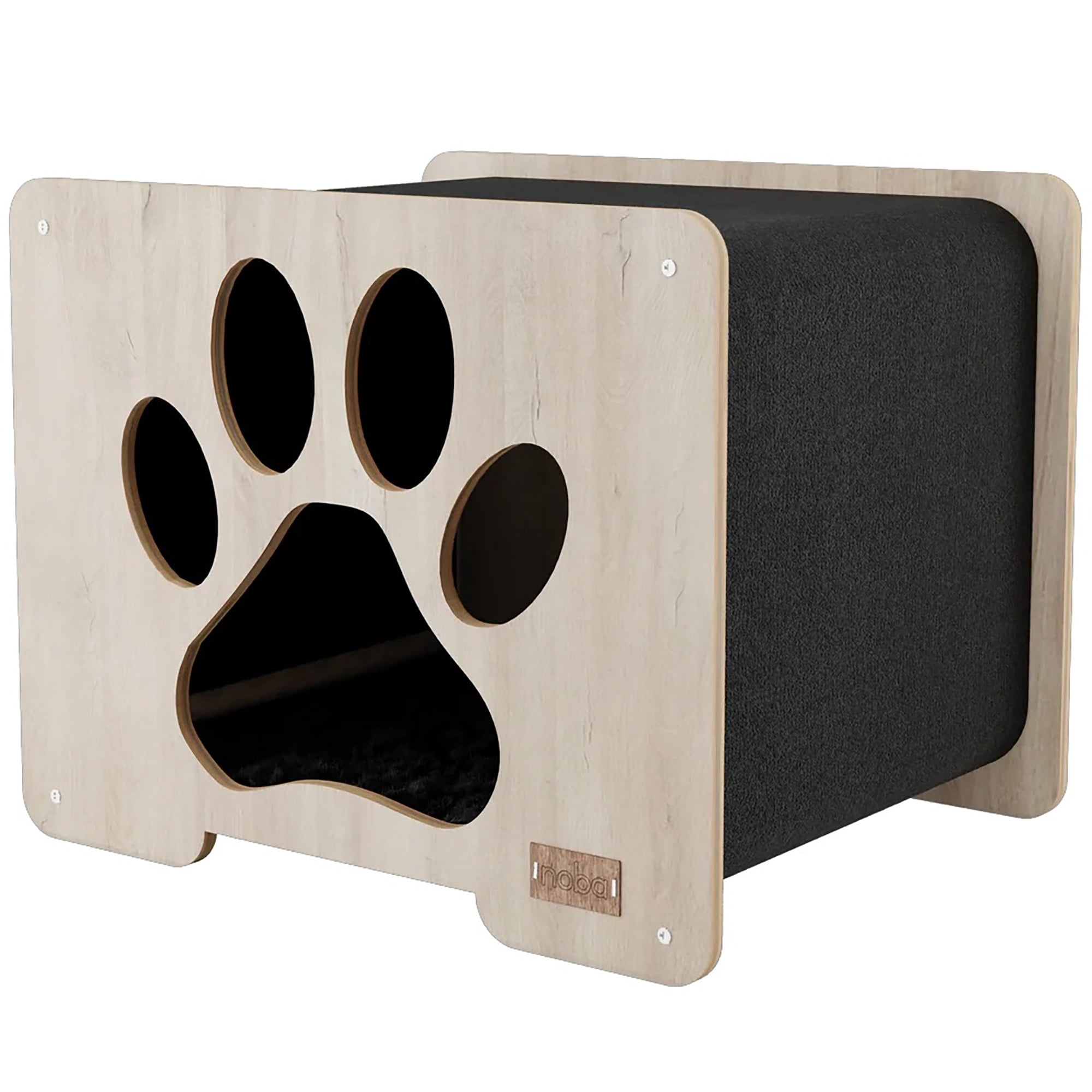Noba: Origin Hut Hideout - Paw Print, Black - Cat-Pet-Kitten House, 20 x 16" Wooden Lounge, Scratchable Carpet Sides, Animal Refuge, Climb-Play-Sleep