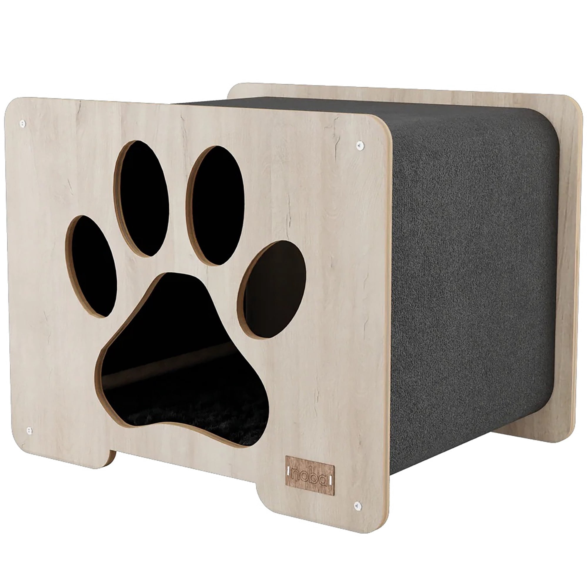 Noba: Origin Hut Hideout - Paw Print, Gray - Cat-Pet-Kitten House, 20 x 16" Wooden Lounge, Scratchable Carpet Sides, Animal Refuge, Climb-Play-Sleep