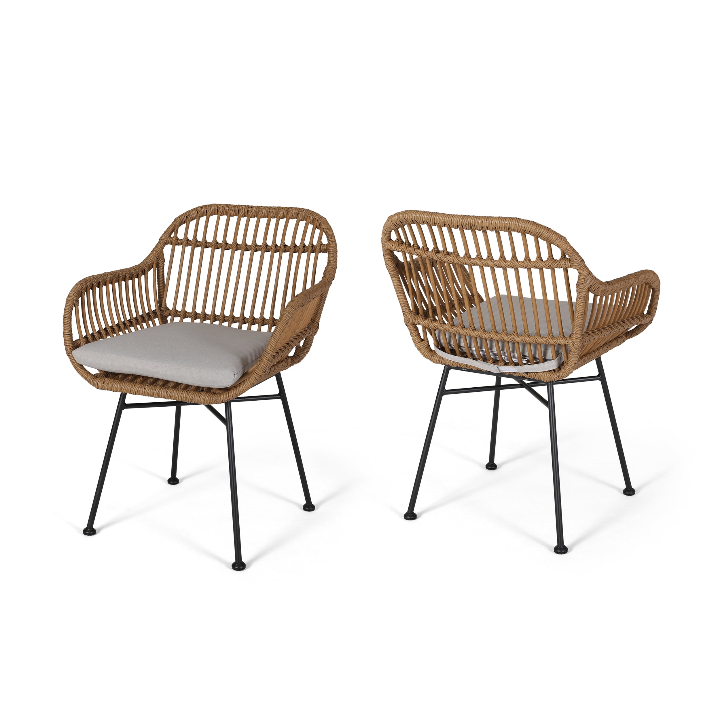 Rodney Light Brown and Beige Faux Rattan Barrel Chairs with Cushions