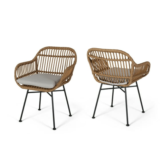 Nobel House Louise Modern Steel Outdoor Chairs, Woven Faux Rattan with Cushions, Light Brown, 2 Pack