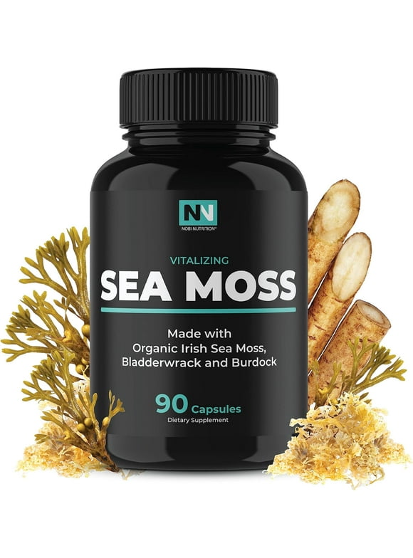 Nobi Nutrition Organic Irish Sea Moss Capsules with Burdock Root & Bladderwrack Powder | Detox Thyroid Support & Gut Health Support, 90 ct