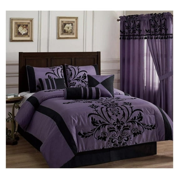 Nobility 7-Piece Faux Silk Comforter Set Full - Luxury Black Flocked Velvet Floral All Season Bedding Comforter Set