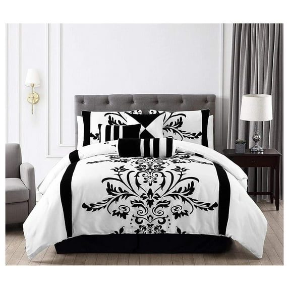 Nobility 7-Piece Faux Silk Comforter Set King - Luxury White Black Flocked Velvet Floral All Season Bedding Comforter Set