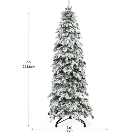 Noble 7.5/9/11ft Pre-Lit Flocked Pencil Spruce Artificial Christmas Tree W/ Pine Cone