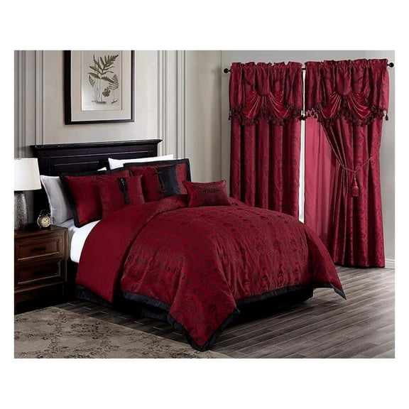 Noble 7-Piece Oriental Red Black Jacquard Comforter Set, King Size