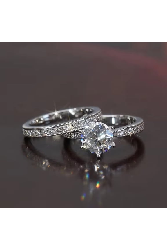 Noble Bright 6 Claws Cubic Zirconia Rings Set for Women Elegant Gorgeous 2Pcs/Set Wedding Band Jewelry Trendy Accessories