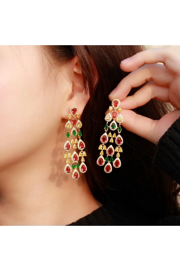 Noble Colorful CZ Bridal Costume Big Long Drop Tassel Earring Dubai Gold Jewelry