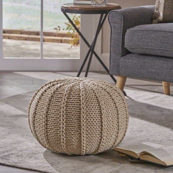 Noble Corinne Knitted Cotton Pouf, Beige