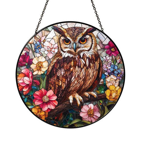 Noble Crimson Eagle Owl and Spring Flowers Floral Suncatcher Glass