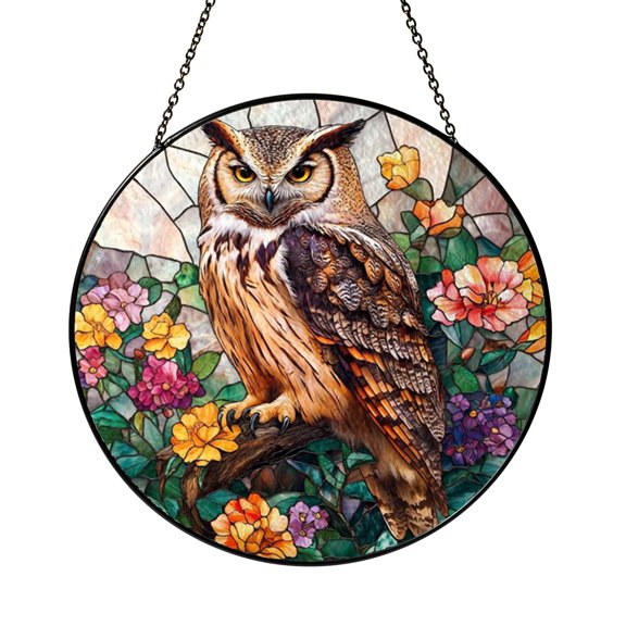 Noble Crimson Eagle Owl and Spring Flowers Floral Suncatcher Sun