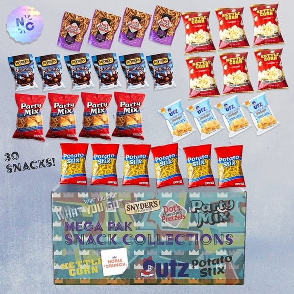 Noble Crunch Gourmet Snack Bundle - Variety Pack - Delicious Care Package - Office, Home, Party, College - Pretzels, Potato Chips, Party Mix, Popcorn - 30 Snacks Total