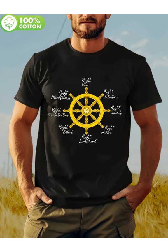 Noble Eightfold Path Buddha Dharma Wheel T-Shirt - Made from 100%, This 180Gsm Black Tee Features a Yellow Buddhist Symbol And White Wisdom Quotes.