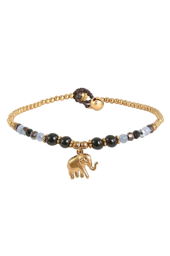 Noble Elephant with Black Onyx & Quartz & Brass Beads Handmade Anklet