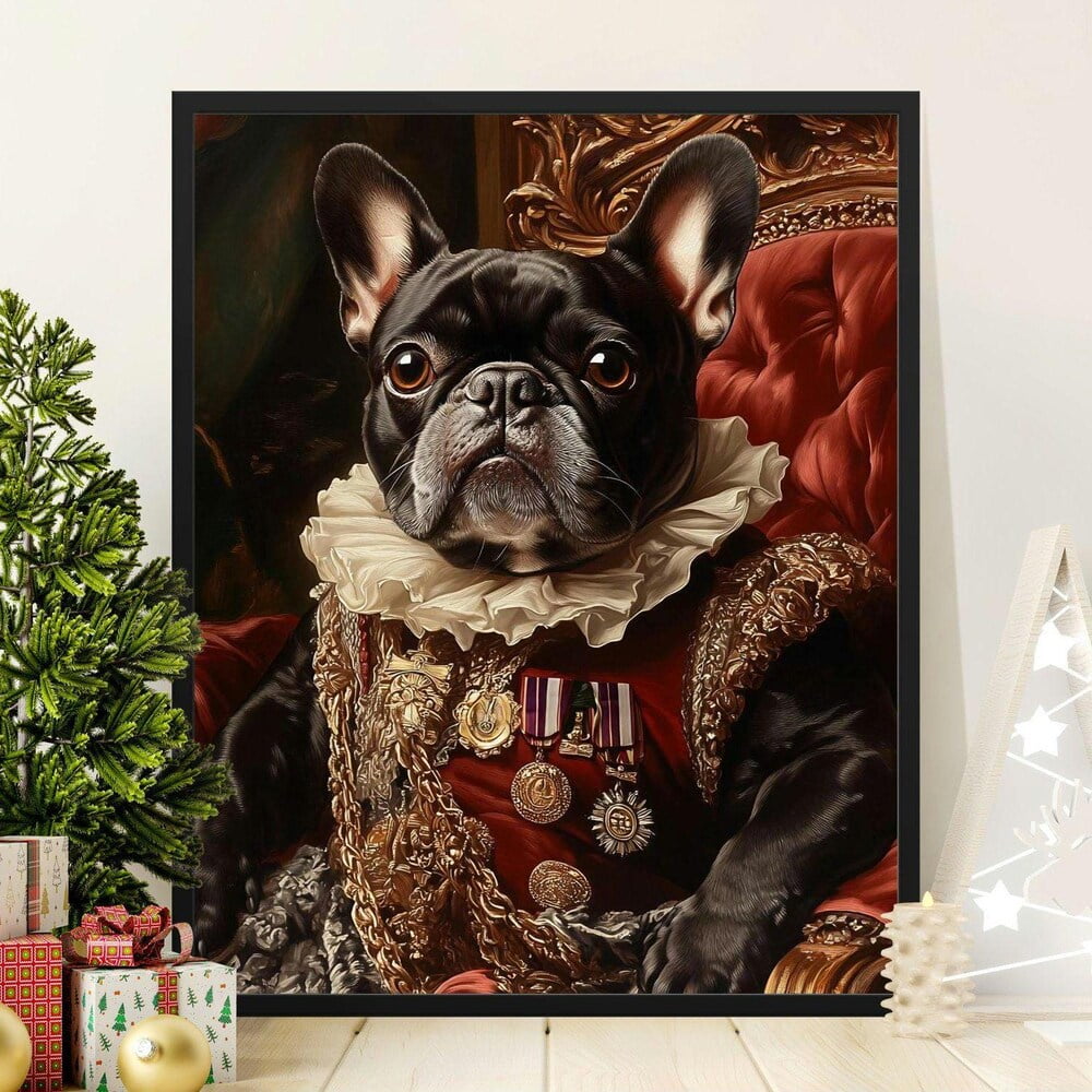 Grey Frenchie Wearing A Black Bow Tie Framed Wall Art