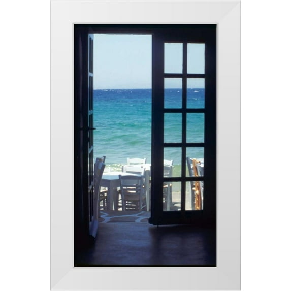 Noble Gardner, Nancy 16x24 White Modern Wood Framed Museum Art Print Titled - Greece, Island of Mykonos Ocean through door