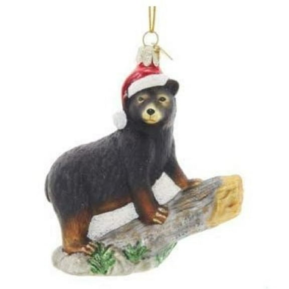 Noble Gems Bear on Log Glass Christmas Tree Ornament NB1586