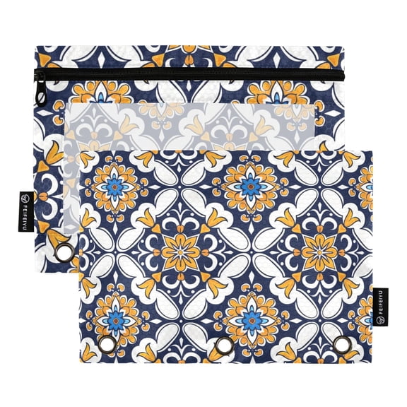 Noble Geometric Floral 2 Pack Pencil Pouch for 3 Ring Binder Smooth Zipper Folders with Pockets Clear Window Pencil Case
