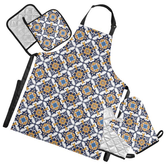 Noble Geometric Floral 5 Pcs Kitchen Set Heat Resistant Oven Mitts and Non-Slip Pot Holders with Adjustable Cooking Apron