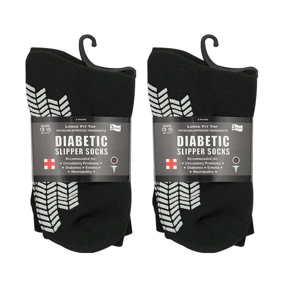 Noble Health Care Diabetic Non Skid Hospital Slipper Socks 6 Pack (Black Skid 3, 13-15)