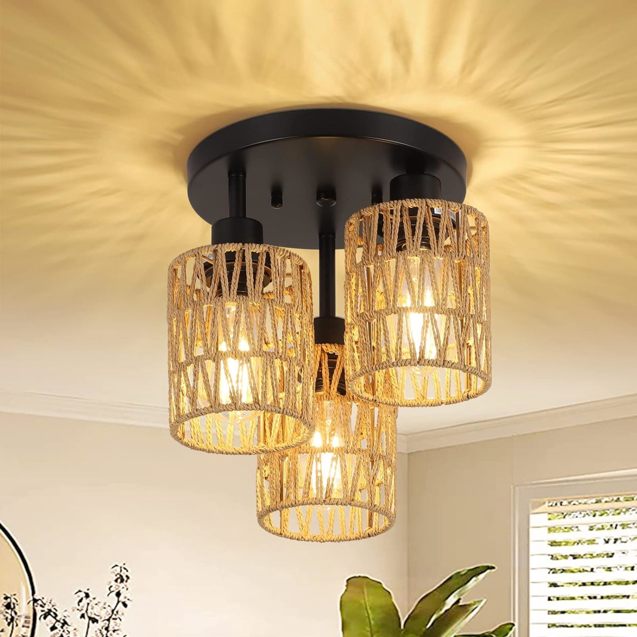Noble House 10.6" Modern 3-Light Semi Flush Mount Ceiling Light, Hand-Woven Rattan, E26 Dimmable Boho Fixture, Brown