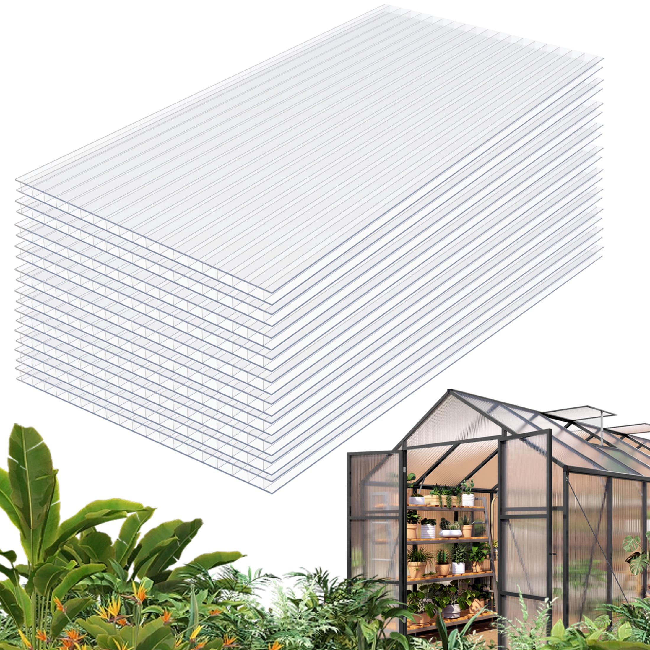 Noble House 10 Pack Twin-Wall Polycarbonate Greenhouse Panels, 4' x 2' UV-Protected Sheets, Transparent