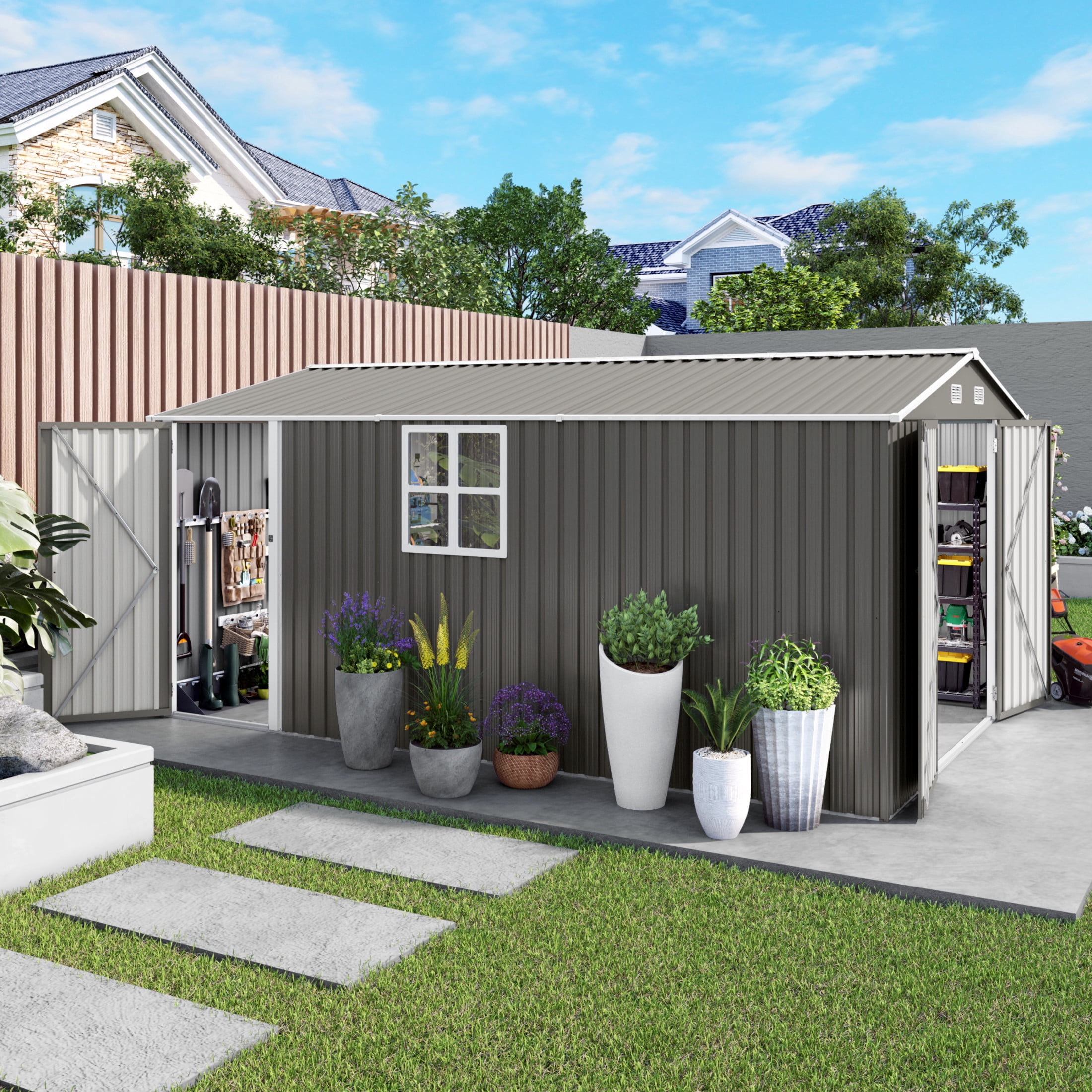 Noble House 10 x 14 FT Outdoor Metal Storage Shed with 3 Lockable Doors and Window, Gray