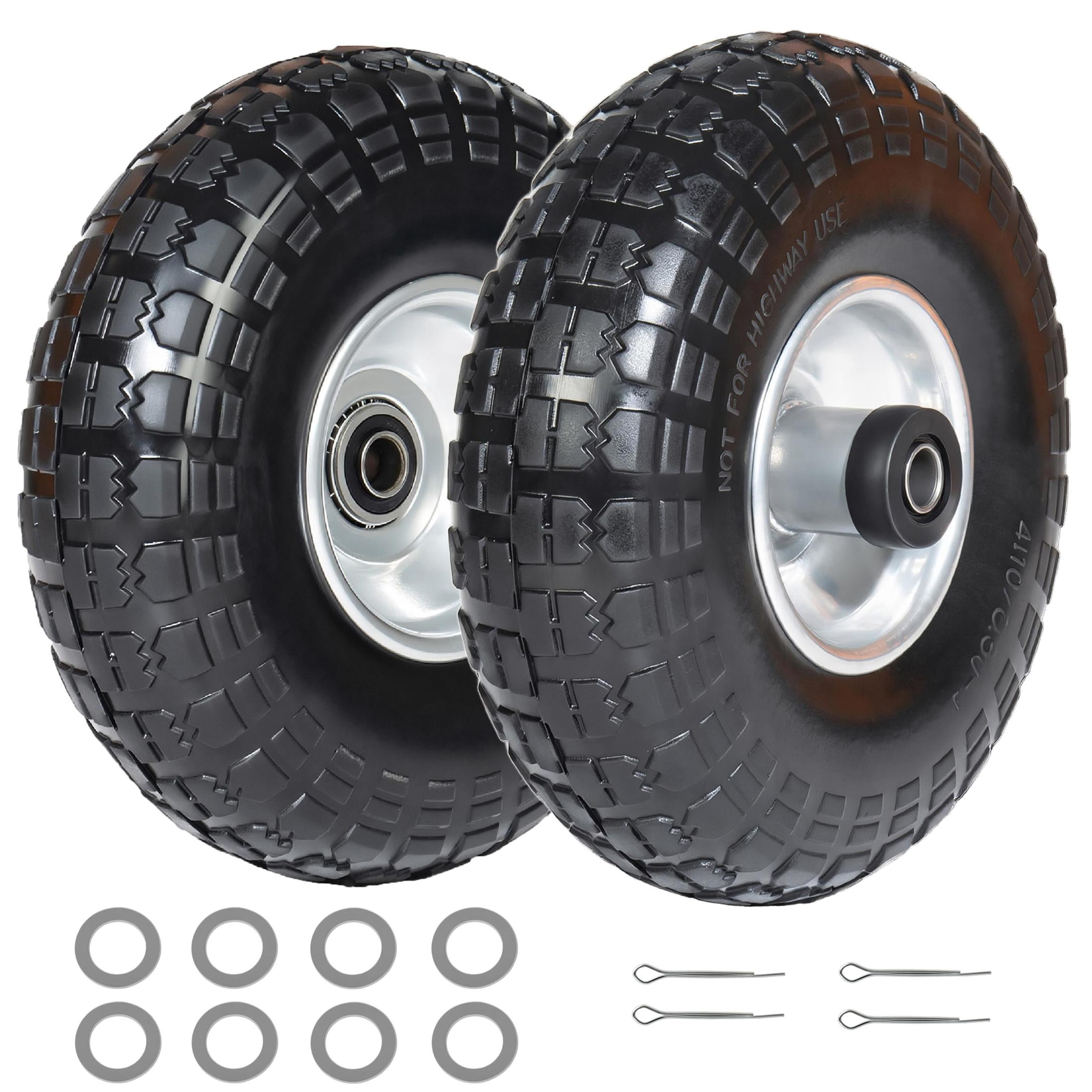 Noble House 10" x 3.2" Solid Flat-Free Tire & Wheel with 5/8" Bearings, Black, Heavy Duty for Wheelbarrows, Set of 2
