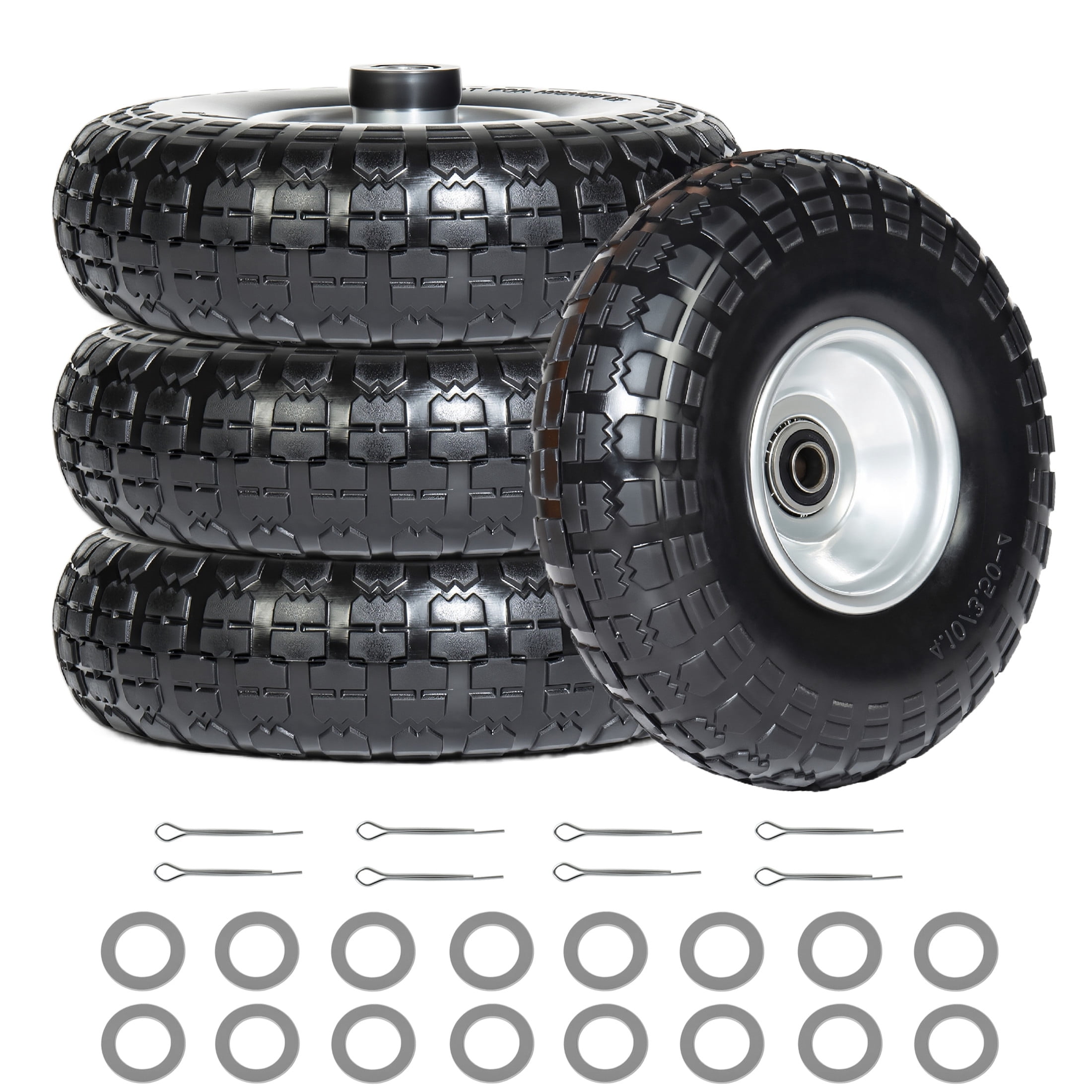 Noble House 10" x 3.2" Solid Flat-Free Tire & Wheel with 5/8" Bearings, Black, Heavy Duty for Wheelbarrows, Set of 4