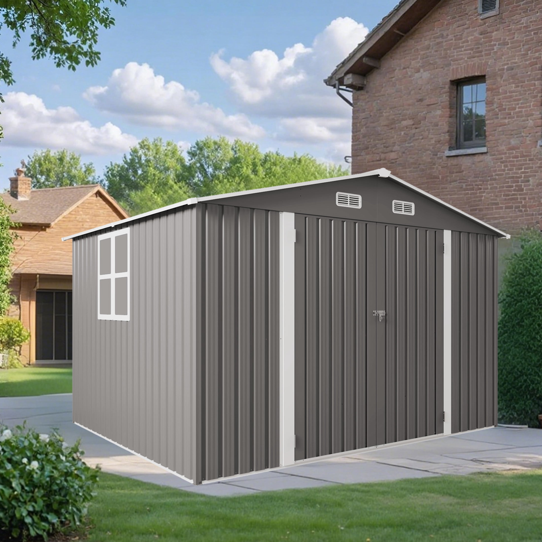Noble House 10 x 8 FT Outdoor Metal Storage Shed with Lockable Doors, Window and Air Vents, Gray
