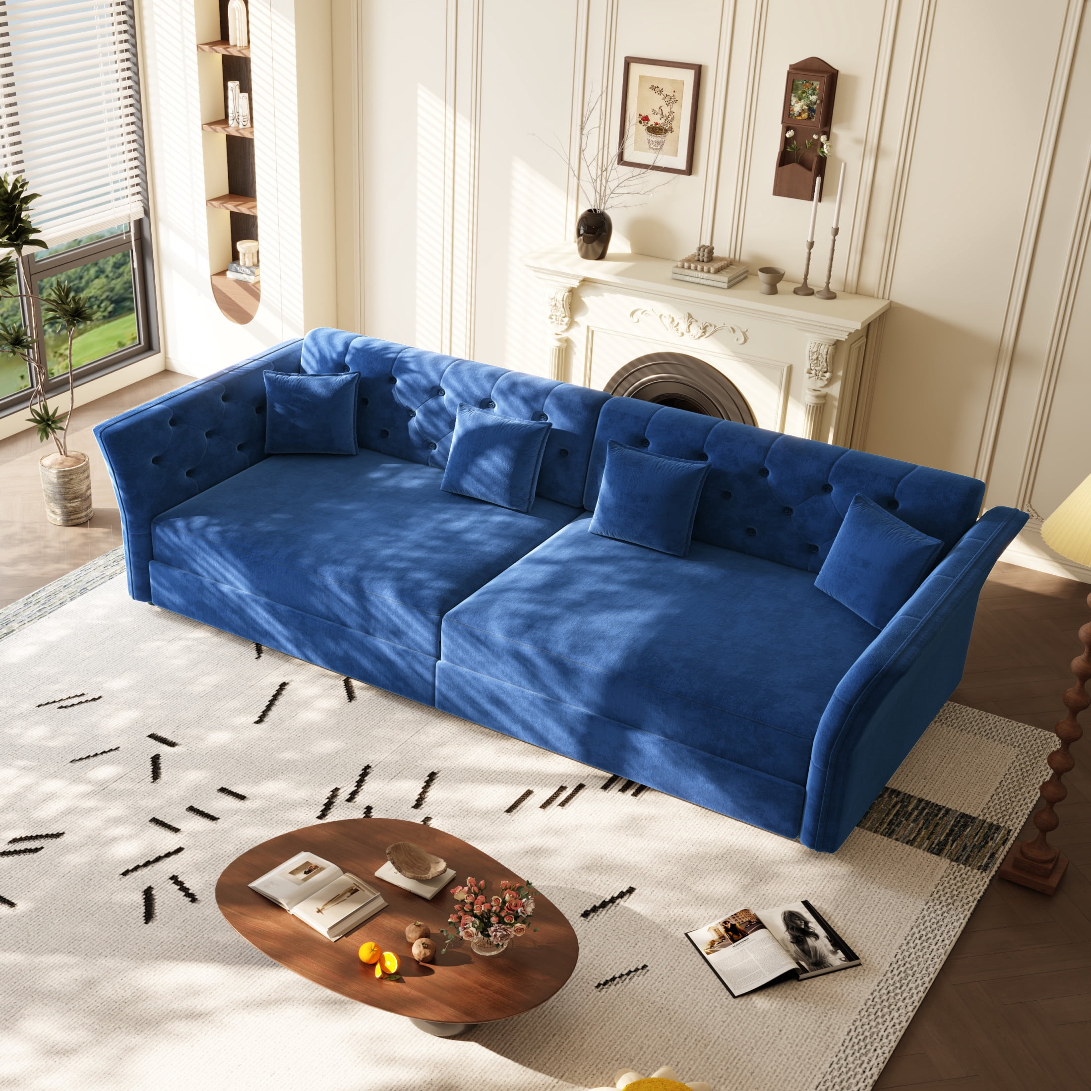 Noble House 100" Oversized Velvet Pull Out Sofa Bed, 3-in-1 Convertible Sleeper with Fabric Flower Tufting, Blue