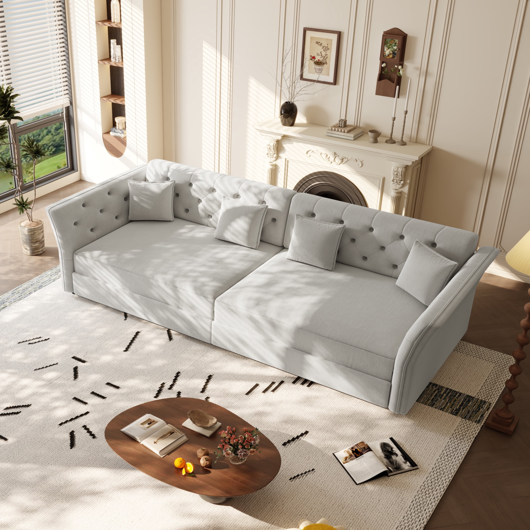 Noble House 100" Oversized Velvet Pull Out Sofa Bed, 3-in-1 Convertible Sleeper with Fabric Flower Tufting, Light Grey