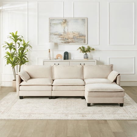 Noble House 107" L-Shaped Cloud Sofa, Cotton-Linen Velvet Sectional with Storage, Living Room, Modular 3-Seat, Beige