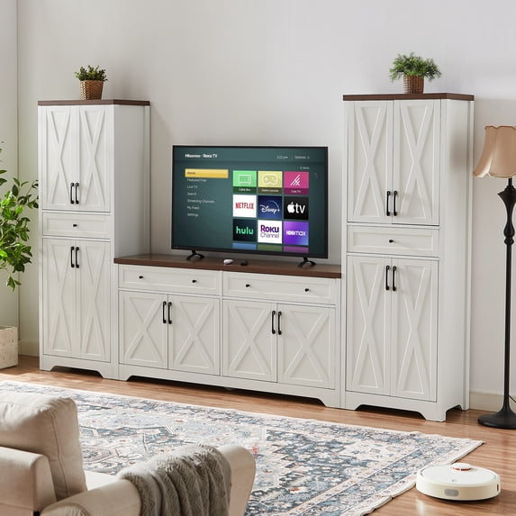 Noble House 108" Multifunctional TV Cabinet Set with Sideboards & Overhead Bridge, Storage for Living Room, White + Walnut