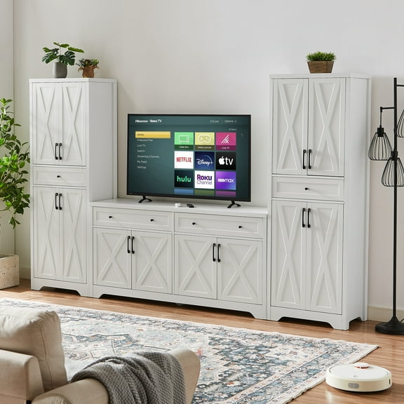 Noble House 108" Multifunctional TV Cabinet Set with Sideboards & Overhead Bridge, Storage for Living Room, White