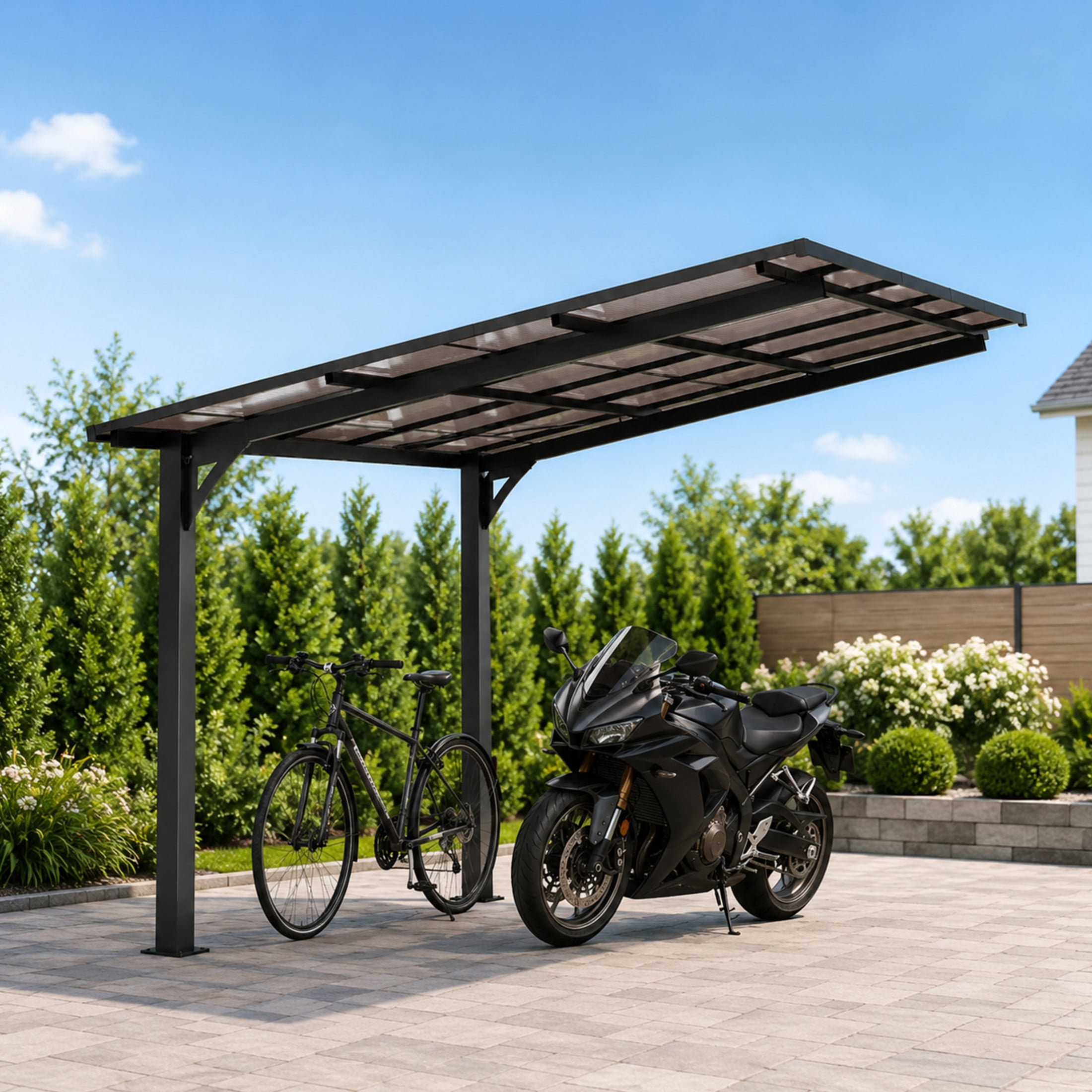 Noble House 10x10 FT Galvanized Steel Carport Awning, Sloped PC Roof Outdoor Utility Shelter & Grill Canopy, Black