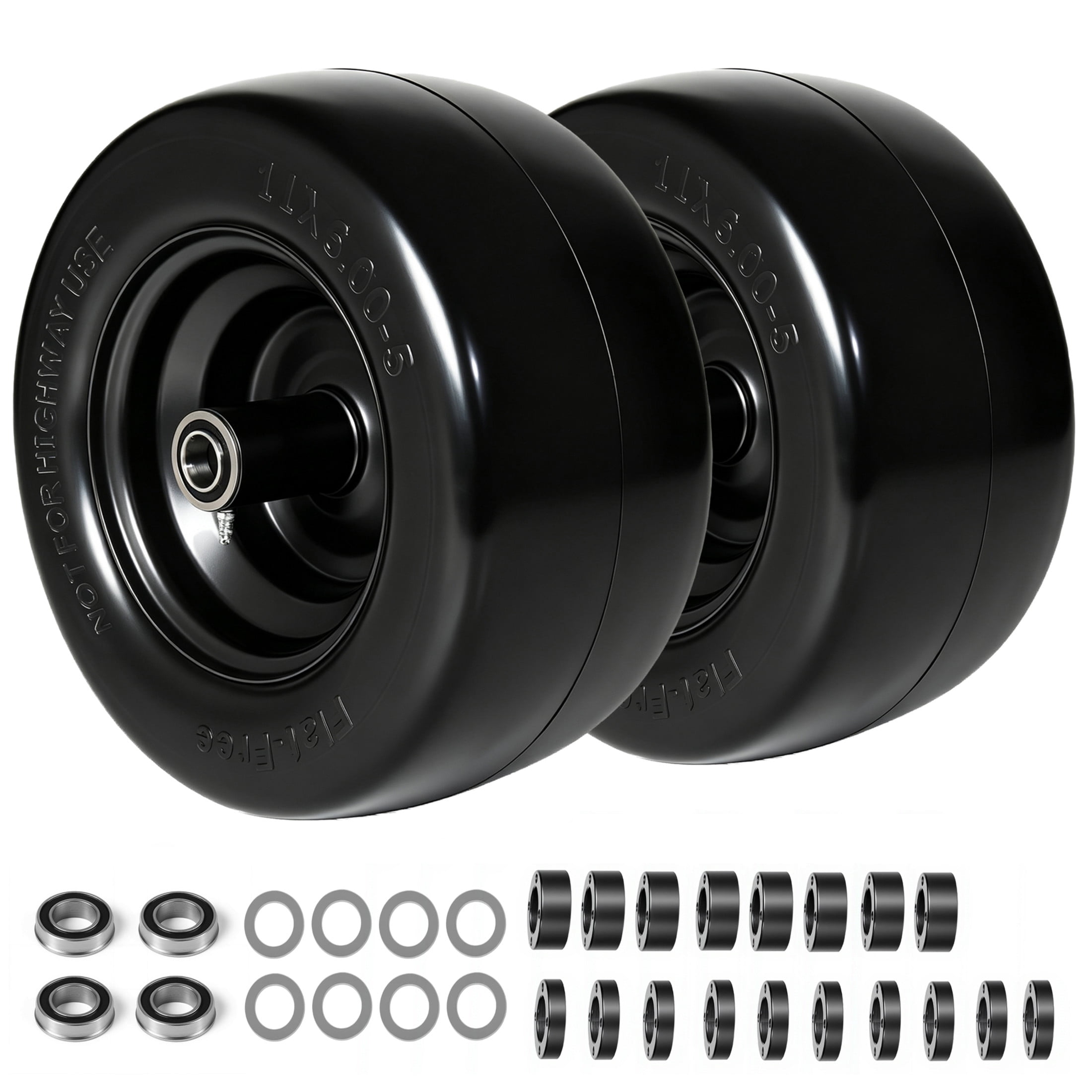 Noble House 11" x 6" Smooth Tread Tires & Wheels with 3/4" Bearings, Solid Rubber Lawn Mower Tire, Black, Set of 2
