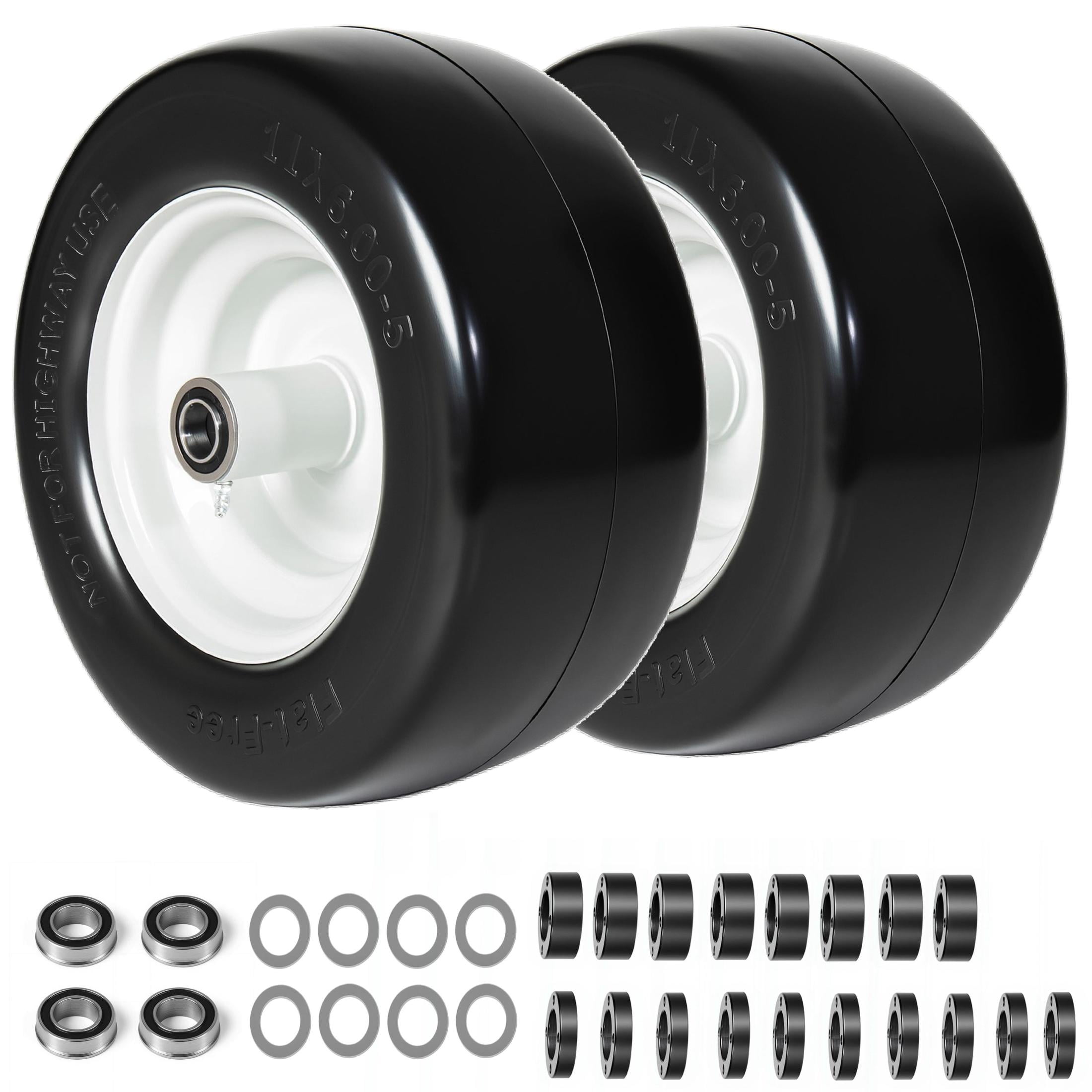 Noble House 11" x 6" Smooth Tread Tires & Wheels with 3/4" Bearings, Solid Rubber Lawn Mower Tire, Black & White, Set of 2