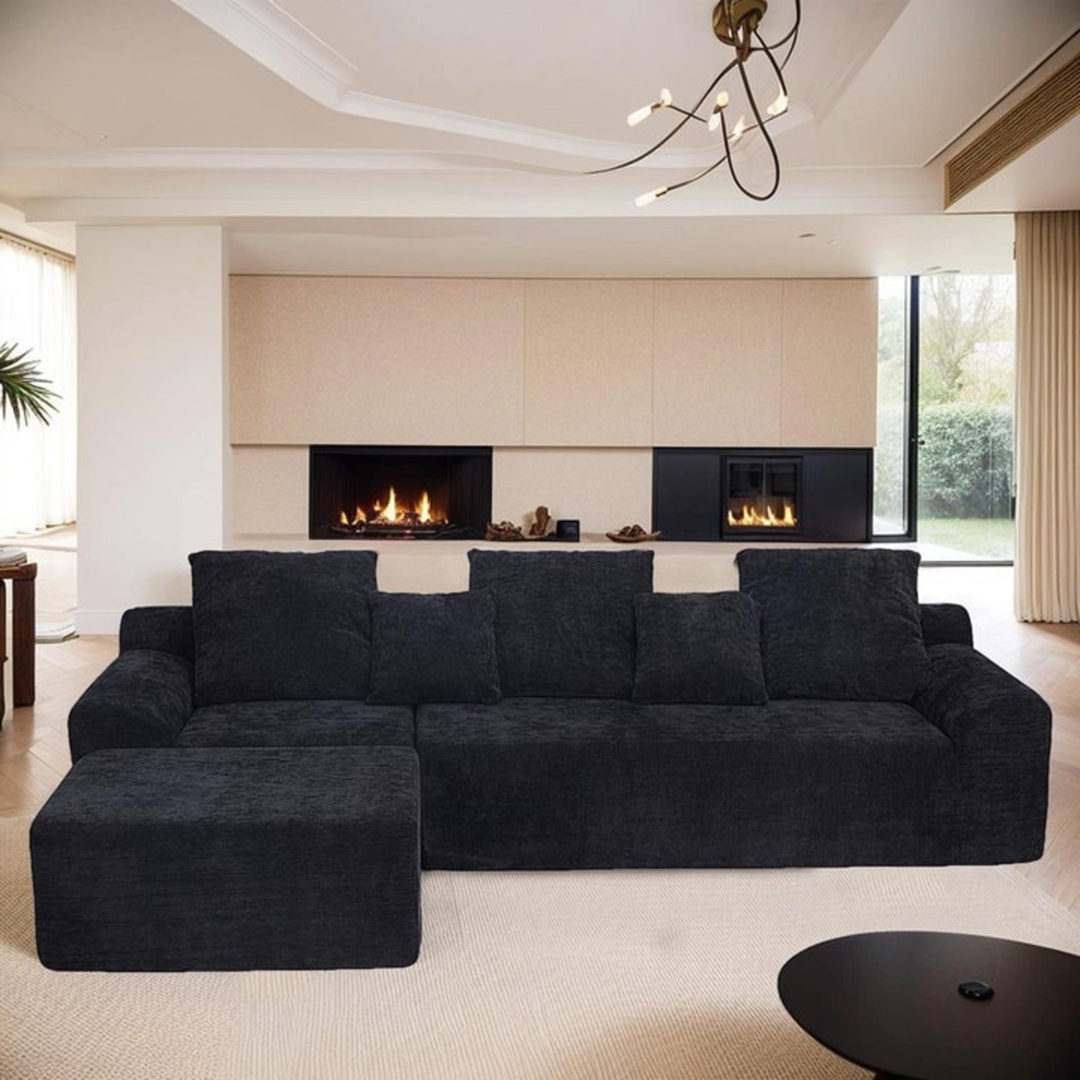 Noble House 111.2" L-Shaped Modular Sectional, Multi-functional Chenille Couch with Deep Seats, for Living Room, Black
