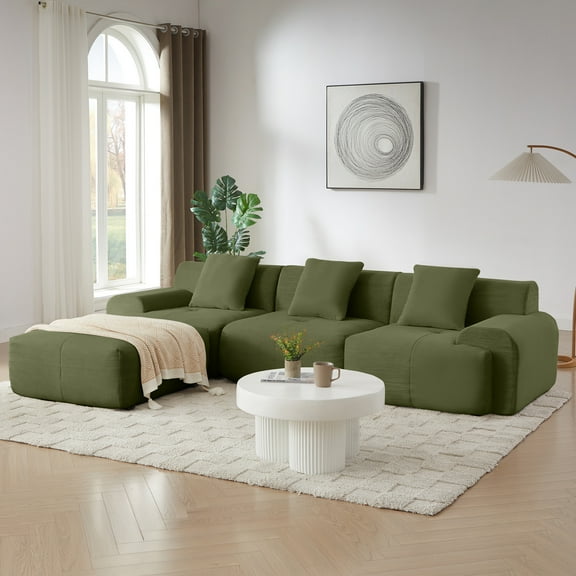 Noble House 113" L-Shaped Modular Sectional Sofa, Corduroy Upholstery with Movable Ottoman, for Living Room, Green